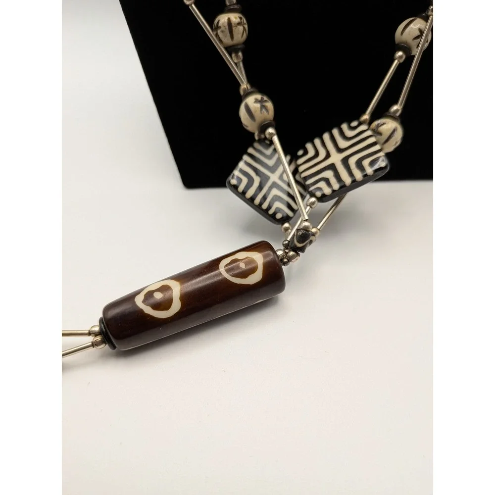 Kenya Batik Bone Bead Necklace Tribal Geometric Statement Black Cream Brown - Picture 7 of 10